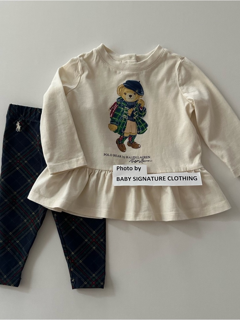 Ralph Lauren 9 Months Polo Bear Cream Long Sleeve Peplum Top & Plaid Pants Set